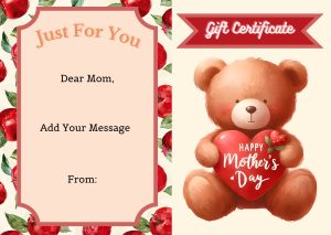 Adorable Mother's Day Gift Certificate with Teddy Bear Illustration